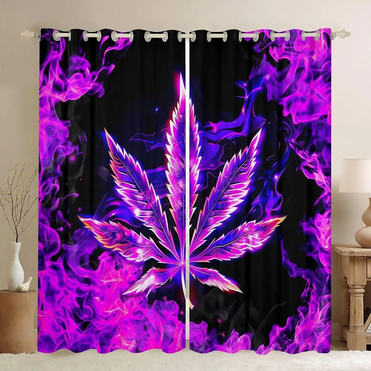 Feelyou 2-Panel Cannabis Leaf Window Curtains Set - Light Filtering, Colorful, All-Over Print, Art Style Trippy Boho Draperies for Bedroom, Mysterious Purple Smoke Living Room Window Treatment, Light Filtering Curtains