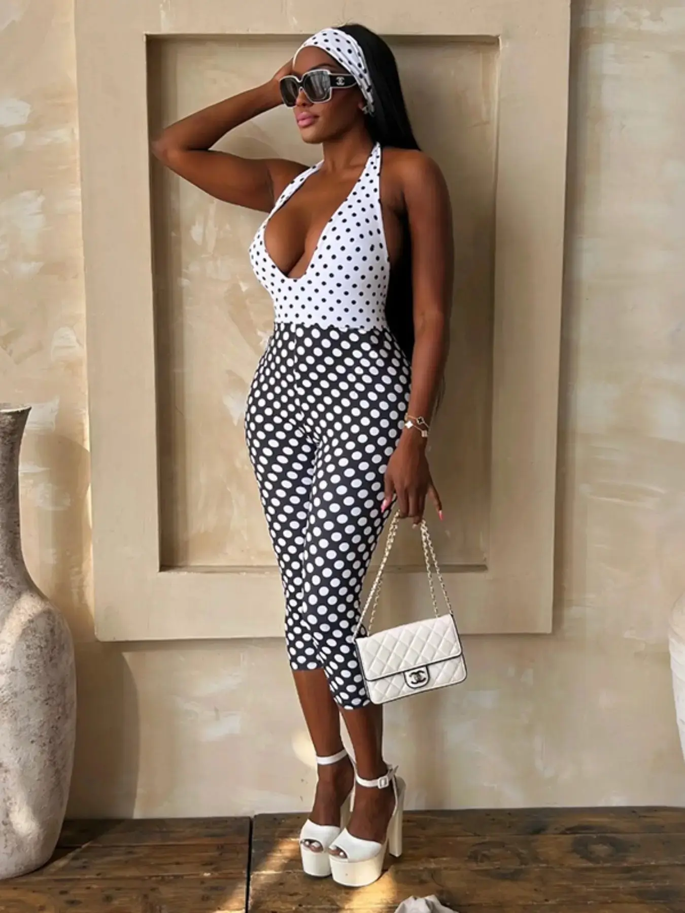 Women's V Neck Polka Dot Elegant Fashion Jumpsuit Fitted Halter Design Beach Vacation
