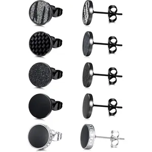 YADOCA Black Round Stud Earrings Set for Men Women 316L Surgical Stainless Steel Matte Black Ear Studs 5 Pairs 4mm-12mm