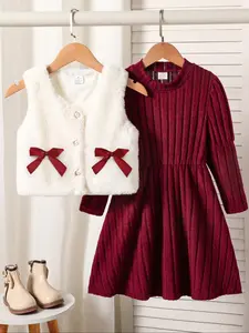 2 Piece Set Velvet Dress for Girls with Lantern Sleeves and Bow Plush Vest, Stylish Princess for Spring & Fall, Spring Dresses, Perfect for Parties and Christmas Gifts