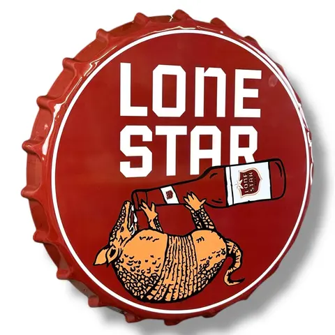 Lone Star Beer Bottle Cap-Shaped 16 in Lightweight Red Metal Hanging Wall Plaque with Scalloped Edges, Home Decor Products, Home Novelty Wall Signs