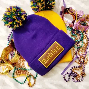 Cozy Wool Mardi Gras Beanie w/Pom-Pom and Embroidered Patch for Men and Women
