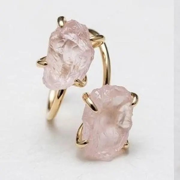Romantic Rose Quartz Toi et Moi Ring – Adjustable Gold Double Stone Heart Ring, Elegant Crystal Jewelry Gift for Women