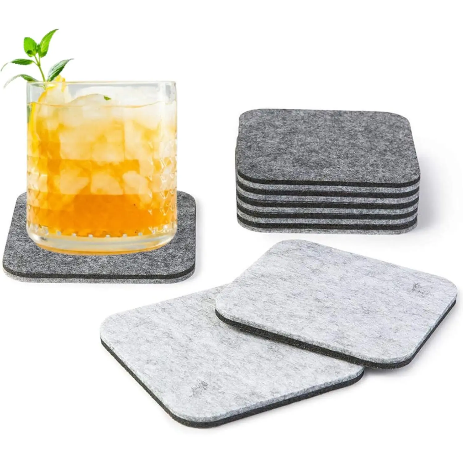 Felt Coasters for Drink, Two-Tone Reversible, Absorbent Felt Protects Furniture, Table, Anti Slip, Suitable for Drinks & All Table Types (Light Gray/Dark Gray, Square 6 Pack)