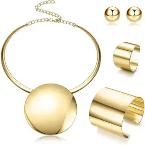 FINREZIO 5PCS Statement Chunky Jewelry Set Choker Earrings Bracelet Ring Round Pendant Necklace Nigerian Costume Party African Jewelry Accessories for Women Daily