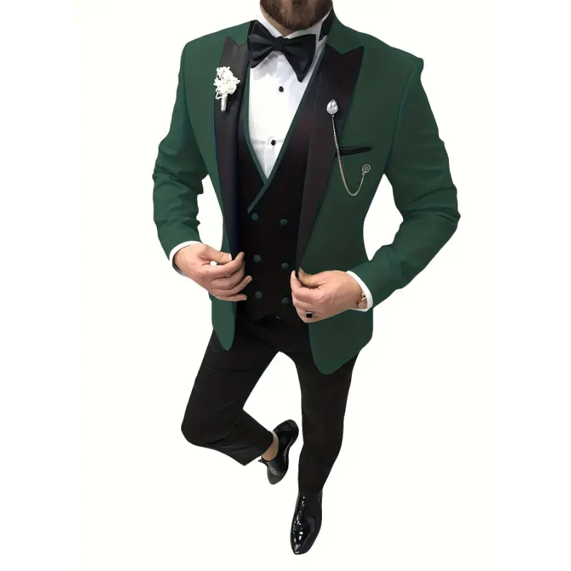 Men's 3-Piece Formal Wear Set - Formal Suit Jacket, Double-Breasted Vest, Pants - Polyester Menswear Tops for Business, Wedding (Casual Adaptable Option)