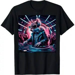 100%cotton The Beat Never Stops Dj Squirrel In Leather Jacket Edm Art T-Shirt