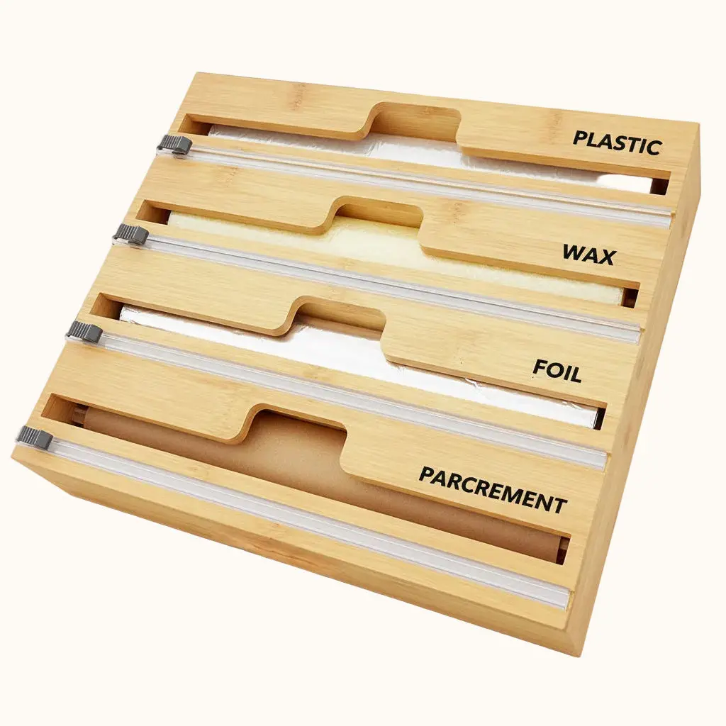 4-in-1 Bamboo Wrap Dispenser with Cutter and Labels