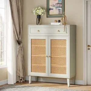 LITTLE TREE Shoe Cabinet with Doors and Drawer, Modern Shoe Storage Cabinet for Entryway, Rattan Shoes Cabinet with Adjustable Shelf, Wooden Shoe Organizer for Hallway, Living Room, Mint Green