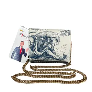 Pre-owned Christian Dior Leather Small Leather Goods Lion Nature Scene Blue & White GHW Chain WOC Bi Fold Wallet