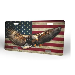 [USA PRIDE] Eagle and American Flag License Plate - Patriotic Bald Eagle Vanity Tag - Durable Aluminum Metal Car Plate - 6x12 Novelty Front Decor