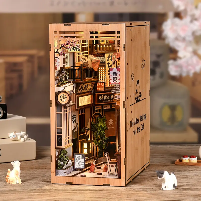 Japanese Alley Street DIY Book Nook Kit – Handmade Miniature Dollhouse with LED Light | Cat Alley Diorama Gift