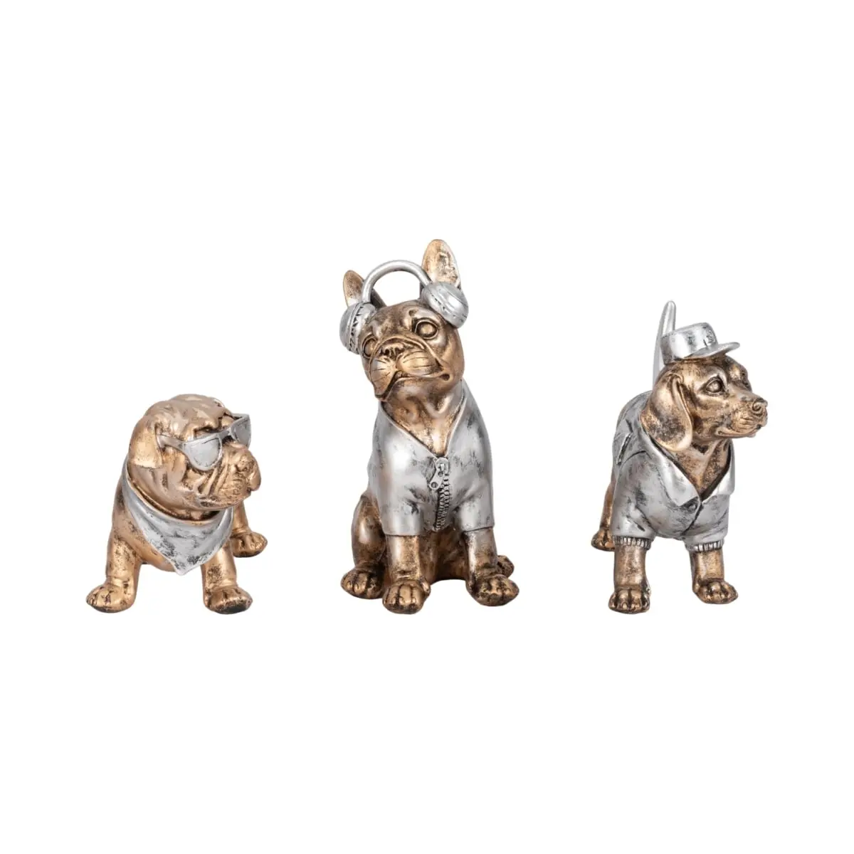 212 MAIN 10 in. Polyresin Cool Dogs Statue Set of 3 - Gold Whimsical Home Decor Ornaments, Resin Animal Sculptures, Canine Cheer Tabletop Display, Ideal Gift