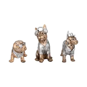 212 MAIN 10 in. Cool Dogs Statue Set, Gold Home Decor Ornaments, Ideal Gift for Home Displays