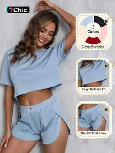 Women's Solid Ribbed Crop Tee & Shorts Pajama Two-piece Set, Casual Comfy Short Sleeve T-shirt & Shorts Pajama Set, Ladies Summer Sleepwear Loungewear