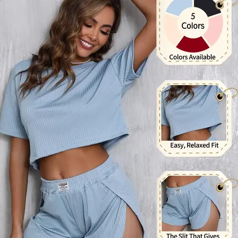 Women's Solid Elastic Ribbed Crop Tee & Shorts Slit Pajama Two-piece Set, Casual Comfy Fit Short Sleeve T-shirt & Shorts, Ladies Summer Sleepwear Loungewear, Homewear, Pjs, Pyjamas Set, Aesthetic