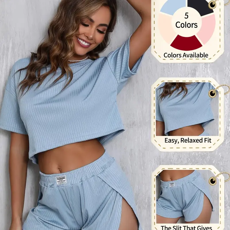 Women's Solid Elastic Ribbed Crop Tee & Shorts Slit Pajama Two-piece Set, Casual Comfy Fit Short Sleeve T-shirt & Shorts, Ladies Summer Sleepwear Loungewear, Homewear, Pjs, Pyjamas Set, Aesthetic