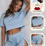 Women's Solid Elastic Ribbed Crop Tee & Shorts Slit Pajama Two-piece Set, Casual Comfy Fit Short Sleeve T-shirt & Shorts, Ladies Summer Sleepwear Loungewear, Homewear, Pjs, Pyjamas Set, Aesthetic