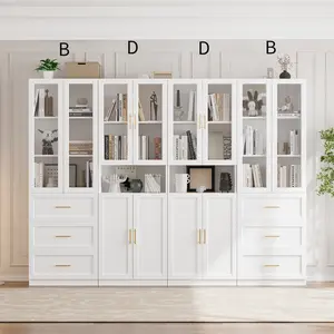 VOWNER Bookcase with Glass Doors & Drawers, 5 Tier Bookshelf with Adjustable Shelf, Large Storage, Home Office, Living Room, White（4set） tall bookcase