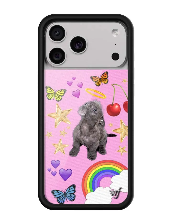 Puppy Party | Limited Edition Trendy iPhone Case | Raised Protective Black Bumper | Women Owned Small Business | Vibrant Pink Backround Dark Grey Puppy Vibrant Party Butterfly Stars and Cherries | Safety Casing Protective | Gift for Her