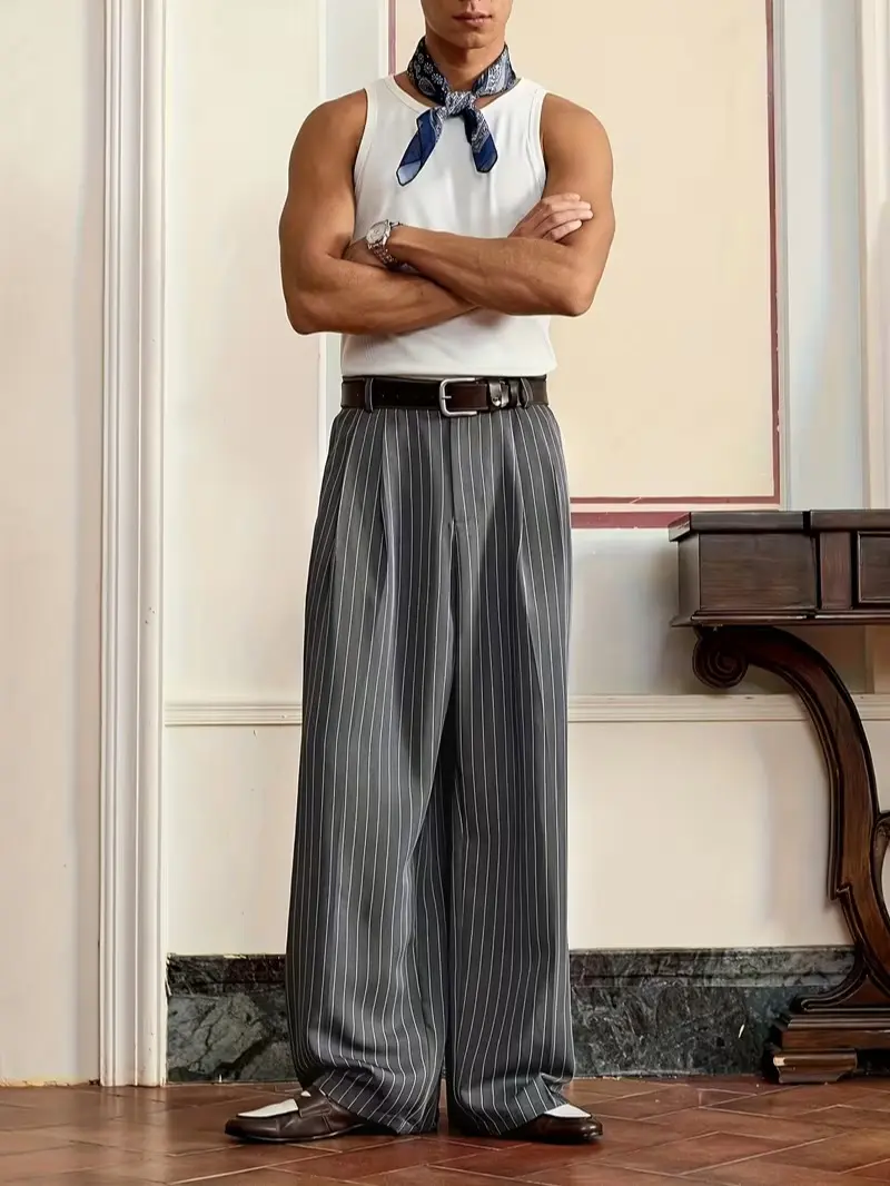 One piece men’s wide leg dress pants in plus sizes, featuring fine vertical stripes, double pleats at the front of the legs, a relaxed urban style, smooth fabric that flatters the figure, suitable for commuting, shopping, and exploring stores—relaxed, ver