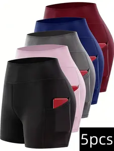 5pcs Women's High-Waisted Tummy Control Shorts with Pockets |Breathable Quick-Dry Athletic Shorts for Running, Cycling & Fitness,Outdoor sports shorts, women's quick-drying running training shorts, spring and summer clothing