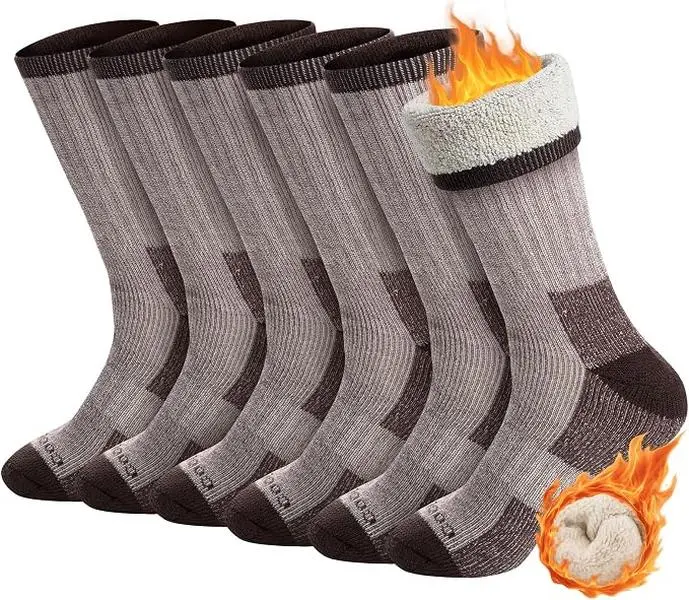 3 Pairs Brown CoolMate Merino Wool Hiking Socks for Men, Super Thick Warm Winter Thermal Crew Socks with Arch Support & Blister-Free