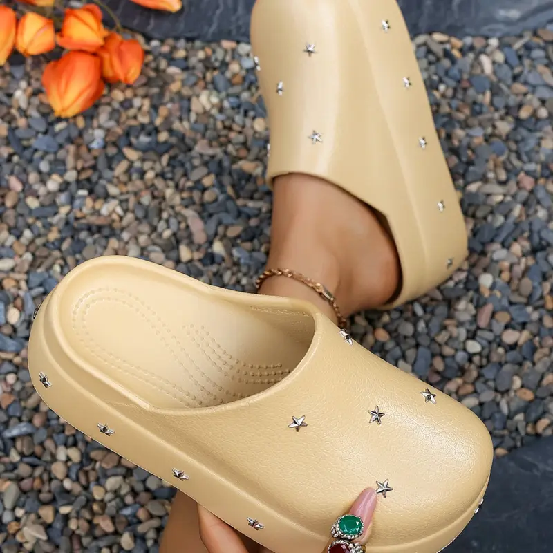 Women's Peach Color Star Rivet Thick Sole Sandals, Waterproof Anti-Slip Height Boost Indoor Outdoor Slippers, Casual Beach Home Outdoor Shoes