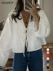 Women's Plain Tie Front V Neck Blouse, Casual Long Sleeve Top for Spring & Fall, Women's Clothing for Daily Wear