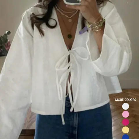 Women's Minimalist Plain Woven Tie Front V Neck Blouse, Shirts, Casual Long Sleeve Top for Spring & Fall, Women's Clothing for Daily Wear, Fabric