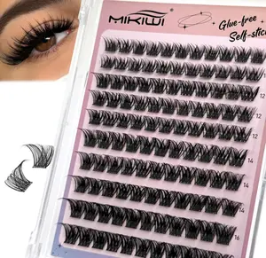 MIKIWI Self Adhesive Lash Clusters, No Glue Needed Wispy D-Curl Lash Clusters 10-16mm Pre Glued Eyelashes Clusters No Residue Self Adhesive Eyelashes