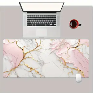 1pc Modern Minimalist Pink & White Marble Gaming Desk Pad with Golden Veins - High Quality Non-Slip Surface, Oval & Rectangular Shapes for Keyboard, Mouse, Office & Gaming Setup, Keyboard Accessory, Luxury Aesthetic, Durable Build