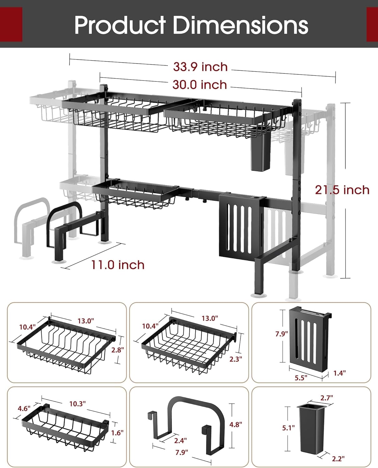 Over The Sink Dish Drying Rack - Adjustable 2 Tier Large Capacity Stainless Steel Drainer with Cutlery & Utensil Holders, Kitchen Storage & Organization, 30"-33.9" L x 11" W x 21.5" H, Black