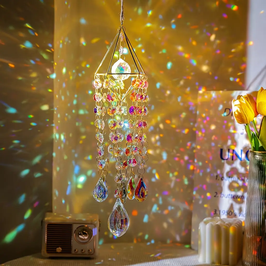 Metal Crystal Color-Changing Sunshine Catcher Wind Chime Pendant - Vibrant Shine, Rainbow Hues, Window Decor, Garden Ornament for Weddings, Christmas Decor