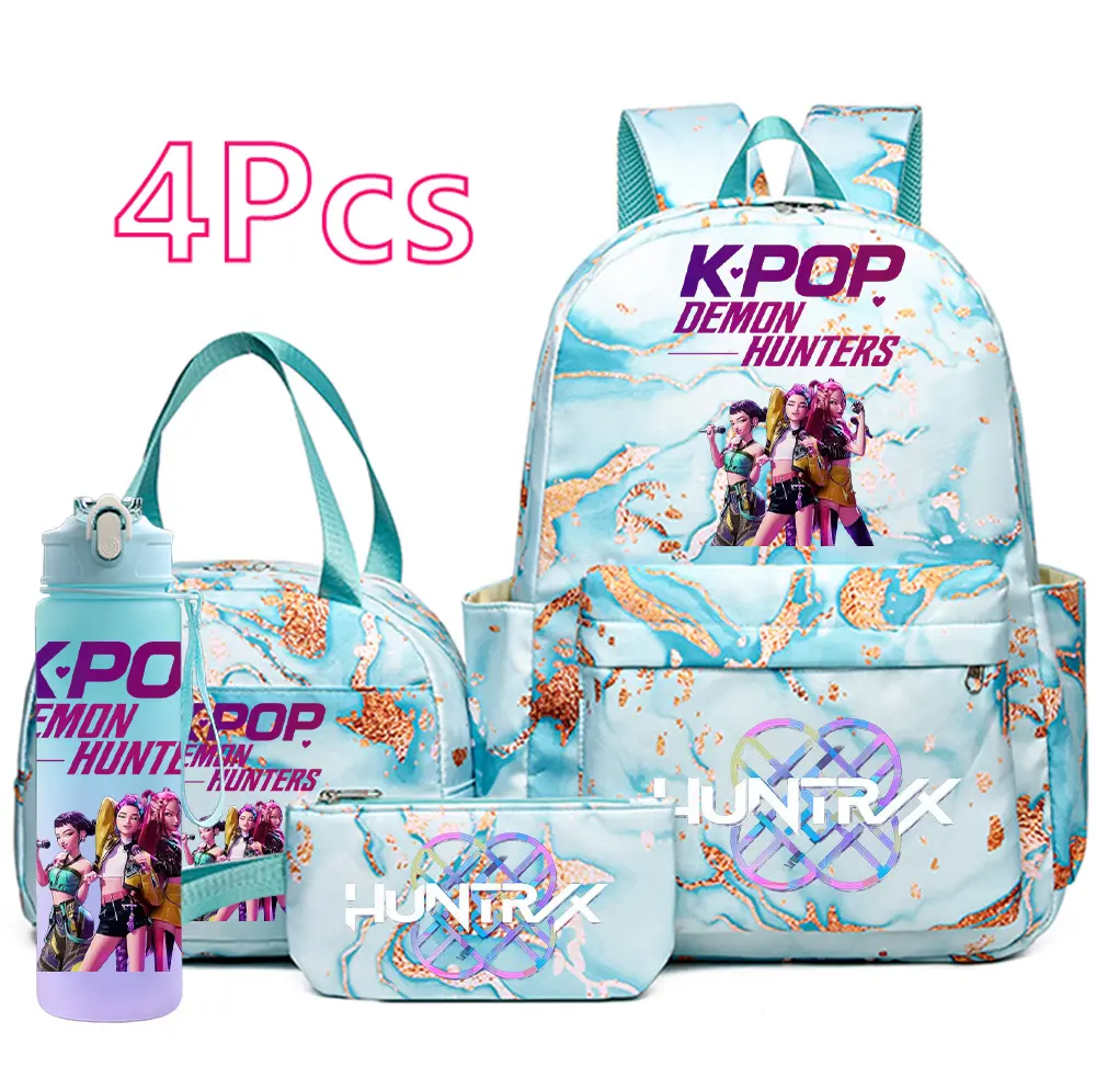 KPop Demon Hunters 4PCS Backpack Set – Cute Anime School Bookbag with Lunch Bag & Water Bottle