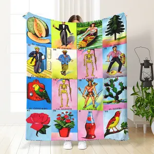 Mexican Loteria Card Flannel Throw Blanket, Vibrant Cartoon Style Illustrations, Colorful Home Decor, Decorative Blanket, All-Season Cover, Christmas Gift