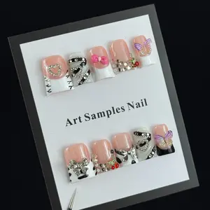10pcs high-end Heavy metal rock girl style, hand-painted zebra pattern, three-dimensional butterfly, flashing chain beads handmade fake nails, Suitable for attending music festivals, concerts, bar parties, DJ performances, and guitar/bass players.