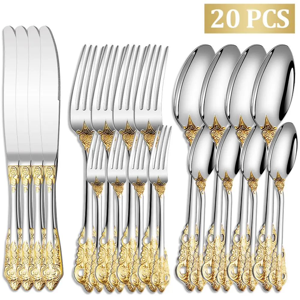 20-Piece Stainless Steel Cutlery Set Including Knife, Fork, Spoon Elegant Cutlery Set Suitable for Family Gatherings and Restaurant Kitchen Accessories Cutlery Service Set