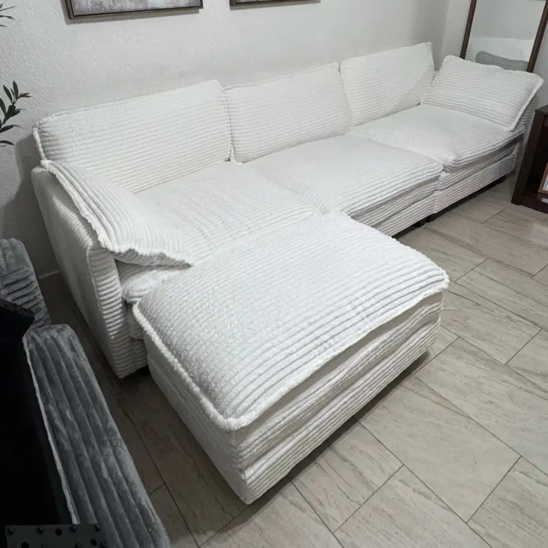 White Fabric Sectional Sofa with Chaise, 3-Seater, Modern, Black Frame