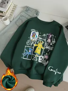 Women's Coraline Gothic Fantasy Cartoon Long Sleeve Pullover Sweater, Retro Casual Round Neck Fitted Top for Fall & Winter Cartoon Print Sweatshirt
