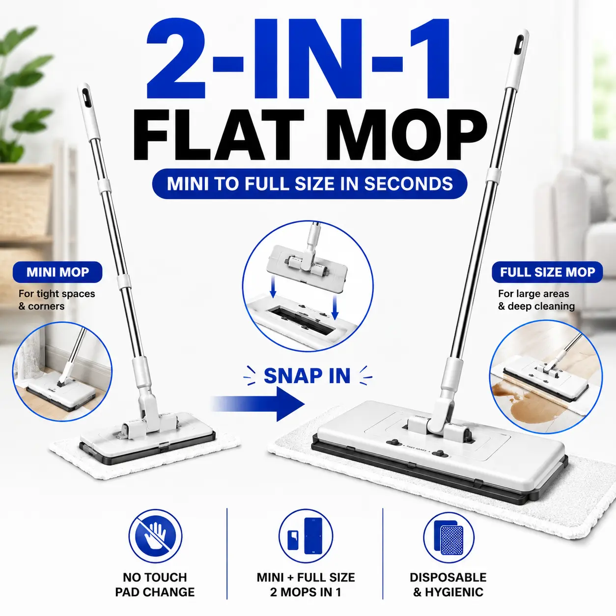2-in-1 Flat Mop Kit, Mini & Full-Size Head, Clamp Any Cloth - Old Towels Clothes, No-Bend Hands-Free Pad Change, Swiffer pads Used facial towel Compatible, 52in Handle, Hardwood Tile Wall Cleaning, 10 Dry Cloths