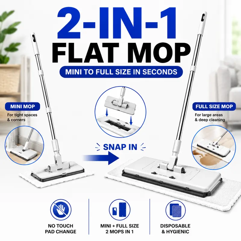 KZKR Household 2-in-1 Adjustable Stainless Steel Flat Mop Kit - 36"-52" Adjustable Extendable Long Handle, Mini & Full-Size Heads, Cloth-Clamping, No-Bend Hands-Free Pad Change, Safe for Hardwood/Tile/Marble, 10 Disposable Dry Cloths, 2-In-1 Adjustable Ha