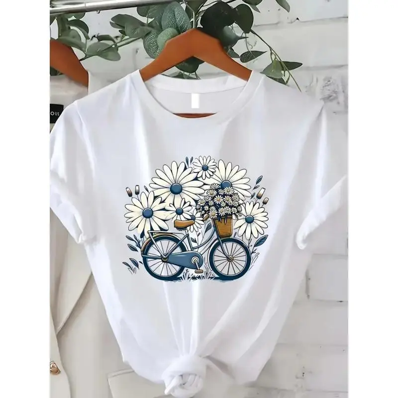 Flower Bicycle Printed T-Shirts, Casual T-Shirts with Short Sleeves And Spring And Summer Fashion Women'S Tops T-Shirts men's graphic tee