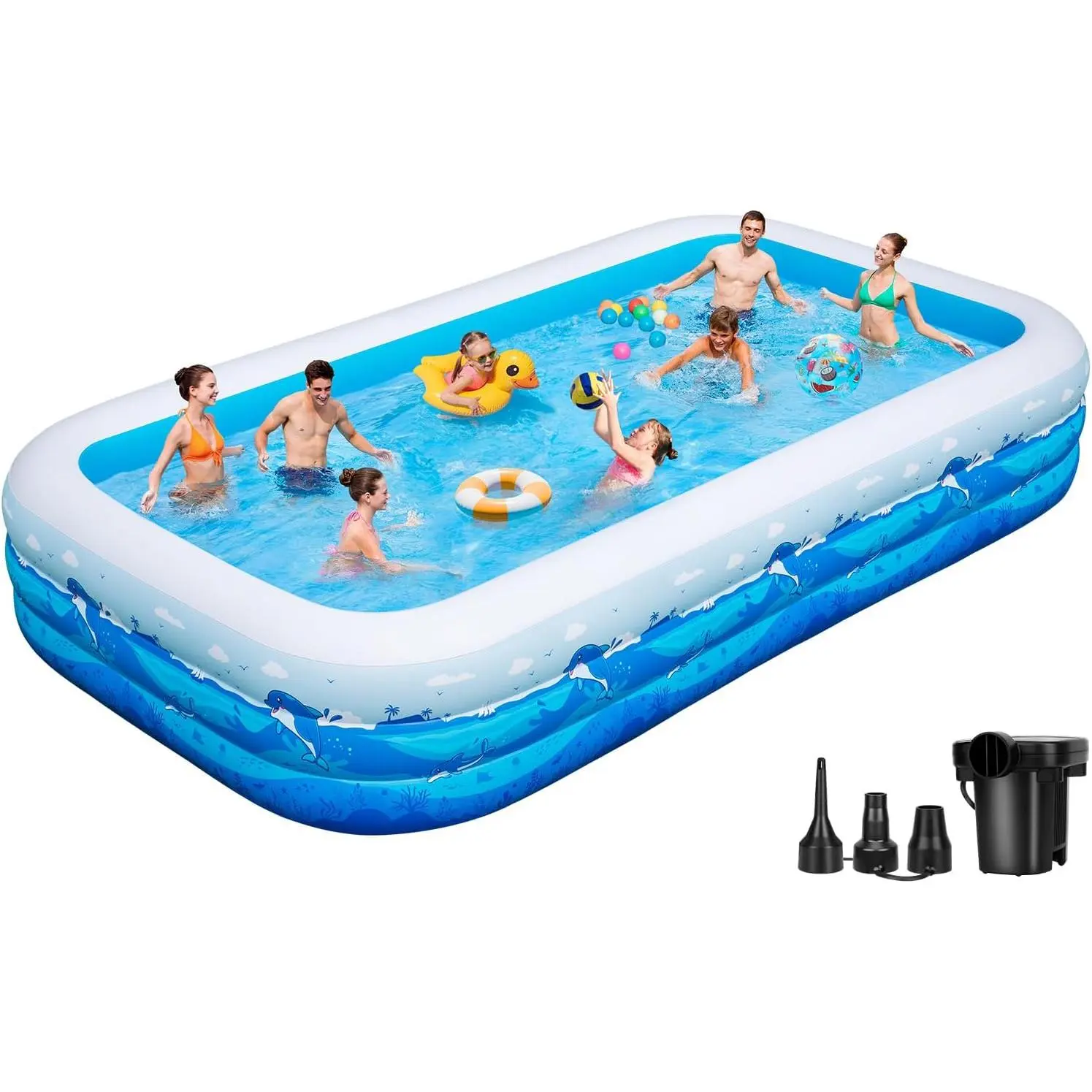 Large Inflatable Pool with Pump, 130"x72"x22" Full-Sized Blow Up Pool with 0.6mm PVC & Cute Animal Print, Big Family Swimming Pool for Backyard Outdoor Summer Water Party