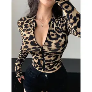 NewSexy Leopard Print Long Sleeve Jacket with Zipper Waist Short Coat for Autumn Fashion Comfortable Polyester Elastane Fabric Women's Outerwear Brown Vneck Top Can be used with raincoat