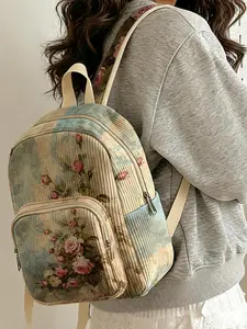 1 piece of lady's backpack with vintage rose floral pattern 2D printed, corduroy texture + layered storage + light weight reduction | Perfect for students to go to class/shopping/short trips | Combines atmosphere with practicality