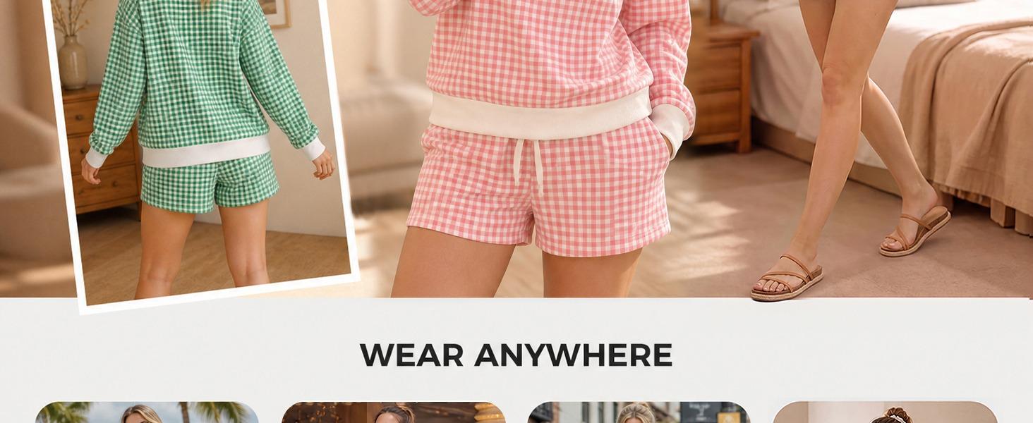 Fisoew Women's 2-Piece Gingham Plaid Loungewear Set - Crew Neck Ribbed Oversized Balloon Sleeve Sweatshirt & Adjustable Drawstring Aesthetic Beach Bottom Shorts, Nightwear