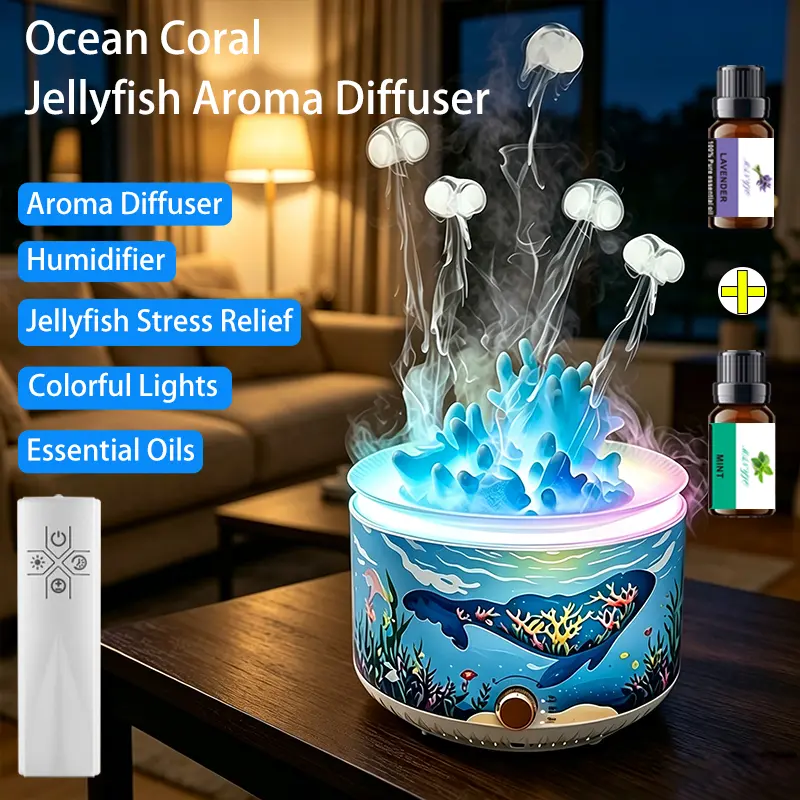 New Compact Ocean Coral Jellyfish Aroma Diffuser Humidifiers - Light-Up Desktop Sleep Aid with Fog, Light Mist, Colorful Ambient Glow, Stress-Relieving Effect, Included Essential Oils, Portable Home Gift, Aromatherapy for Home