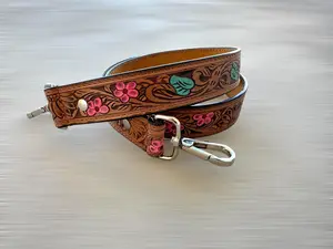Western Tooled Leather Crossbody Bag Strap – Adjustable Handbag Replacement Strap in Tan Turquoise Pink, Durable Cowgirl Style Purse Strap, Boho Country Fashion Accessory Gift for Women
