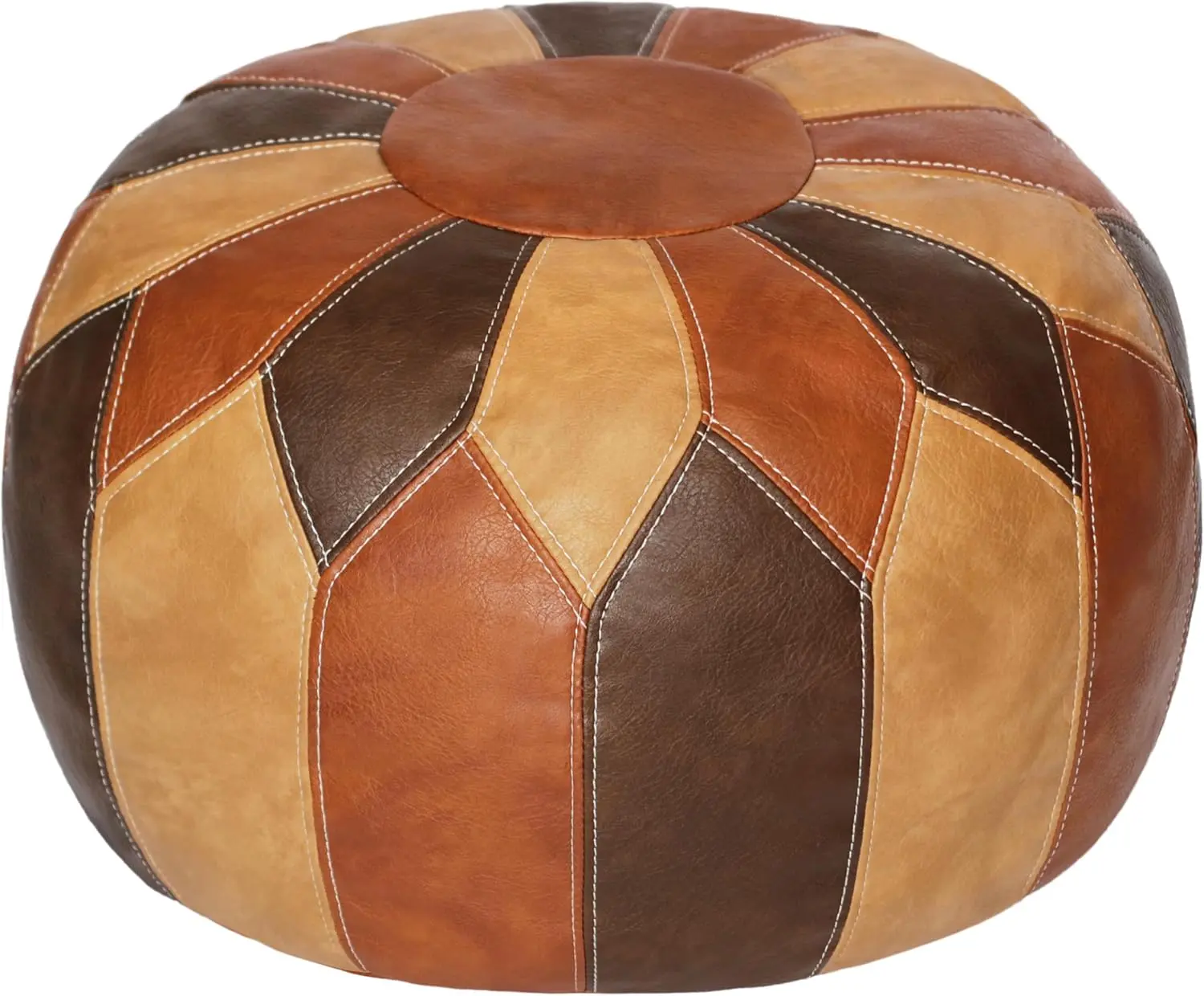 Unstuffed Moroccan Faux Leather Pouf Ottoman with Storage - Handmade Boho Chic Multi-Use Footrest for Living Room, Bedroom, Patio - Round Ethnic Floor Cushion & Decorative Accent, Tricolor